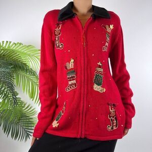 Vintage 90s Red Holiday Grandma Ugly Christmas Sweater Oversized Jacket / Small